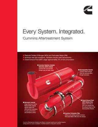 Every System. Integrated.
                          TM




Cummins Aftertreatment System



■ Reduces Oxides of Nitrogen (NOx) and Particulate Matter (PM)
■ Achieves near-zero emissions, maintains industry-best fuel economy
■ Diesel Exhaust Fluid (DEF) usage approximately 2% of fuel consumption


                               ■ Cummins Selective Catalytic
                                 Reduction (SCR) Catalyst
                                 Converts NOx into harmless
                                 nitrogen gas and water vapor.                                              ■ Decomposition Reactor
                                                                                                              Converts Diesel Exhaust
                                                                                                              Fluid into ammonia (NH3)
                                                                                                              through hydrolysis.




                                                                                                                 ■ Diesel Exhaust Fluid
■ Electronic Controls                                                                                              (DEF) Dosing Valve
  Single Electronic Control                                                                                        Allows a fine mist of
  Module (ECM) constantly                                                                                          DEF to be sprayed into
  adjusts engine and                                                                                               the exhaust stream of the
  aftertreatment operations                                                                                        Decomposition Reactor.
  for peak performance
  and emissions control.
                                                                                ■ Cummins Particulate Filter
                                                                                  Collects and oxidizes carbon to remove
                                                                                  Particulate Matter (PM) from the exhaust.


Cummins Aftertreatment Systems are offered in standard baseline and modified baseline
configurations for ease of installation. Modified baseline configuration pictured.
 