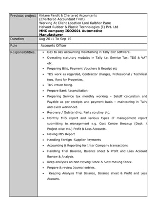 Previous project Kirtane Pandit & Chartered Accountants
(Chartered Accountant Firm)
Working At Client Location Loni Kalbhor Pune
Helvoet Rubber & Plastic Technologies (I) Pvt. Ltd
MNC company ISO2001 Automotive
Manufacturer
Duration Aug 2011 To Sep 15
Role Accounts Officer
Responsibilities • Day to day Accounting maintaining in Tally ERP software.
• Operating statutory modules in Tally i.e. Service Tax, TDS & VAT
etc.
• Preparing Bills, Payment Vouchers & Receipt etc
• TDS work as regarded, Contractor charges, Professional / Technical
fees, Rent for Properties,
• TDS return filling.
• Prepare Bank Reconciliation
• Preparing Service tax monthly working – Setoff calculation and
Payable as per receipts and payment basis – maintaining in Tally
and excel worksheet.
• Recovery / Outstanding, Party scrutiny etc.
• Monthly MIS report and various types of management report
submitting to management e.g. Cost Centre Breakup (Dept. /
Project wise etc.) Profit & Loss Accounts.
• Making MIS Report
• Handling Foreign Supplier Payments
• Accounting & Reporting for Inter Company transactions
• Handling Trial Balance, Balance sheet & Profit and Loss Account
Review & Analysis
• Keep analyses on Non Moving Stock & Slow moving Stock.
• Prepare & review Journal entries.
• Keeping Analysis Trial Balance, Balance sheet & Profit and Loss
Account.
 