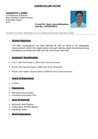 CURRICULUM VITAE
DASHRATH L.MORE
C/O Bhagwan Khedekar
Near Goodwill English School,
Sukhsagar Nagar.
Pune
E-mail ID: dash_more44@yahoo.com
Cell No.: 9762076975
Excellence is not a destination; it’s a continuous journey that never ends!
 Carrier Objective
“To offer organization my best abilities & skill to bring in an adaptable
improvement within the organization through adding value & building strong
foundation by extensive field work & continuous learning”
 Academic Qualification
• H.S.C. With First Class in 2001 from Pune University.
• B.Com with Second Class in 2004 from Pune University.
• M.Com with Higher Second Class in 2006-07 from Pune University.
 Years of Experience
• 8 Years
 Experience
• Manufacturing company
• Chartered Accountant Firm
 Area of Interest
• Accounts and Finance
• Preparation Of MIS Report
• Handling Team
 Work Experience
 