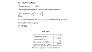 Tube Side Pressure Drop
Friction factor, jf = 0.0036
Tube side pressure drop can be calculated from the equation below:
Where,
m = 0.25 for laminar flow, Re<2100 ; m = 0.14 for turbulent flow, Re>2100
Np = number of tube side passes
ΔPt= 57.53 Pa
2
]5.2))(/(8[
2
sm
w
tifps
u
DLjNP



 
Shell Side
Fluid density, ρs (kg/m3
)
1.768
Viscosity, μsL (Ns/m2
)
2.073x10-5
Heat capacity, Csp (kJ/kg.K)
1.155
Thermal conductivity, ksf (W/m.K)
0.03081
Physical properties of reactor effluent
 