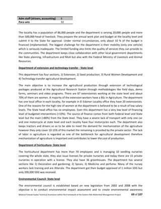 Bilateral Finland–Sudan Technical Assistance within the Framework of the Eastern Nile Watershed Management Project 69 of 107
Adm staff (drivers, accounting) 6
Para vets 32
The locality has a population of 86,000 people and the department is serving 20,000 people and more
than 500,000 head of livestock. They prepare the annual work plan and budget at the locality level and
submit it to the State for approval. Under normal circumstances, only about 10 % of the budget is
financed (implemented). The biggest challenge for the department is their mobility (only one vehicle)
which is seriously inadequate. The limited funding also limits the quality of services they can provide to
the communities. The department keeps close collaboration with other local government departments
like State planning, infrastructure and MoA but also with the Federal Ministry of Livestock and Animal
Resources.
Department of extension and technology transfer - State level
This department has four sections, 1) Extension; 2) Seed production; 3) Rural Women Development and
4) Technology transfer agricultural development.
The main objective is to increase the agricultural production through extension of technological
packages produced at the Agricultural Research Station through methodologies like field days, demo
farms, seminars and video programs. There are 87 extensionists working at the state level and about
70% of them are women. A majority of the extension workers have a BSc in Agriculture. The department
has one local office in each locality, for example in El Edamer Locality office they have 20 extensionists.
One of the reasons for the high rate of women at the department is believed to be a result of low salary
levels. The State head office has six employees. Even this department has a very low level of financing
level of budgeted interventions (<10%). The source of finance comes from both Federal level and State
level but the main (>80%) from the State level. They have a severe lack of transport with only one car
and one motorcycle at state level and each locality have four motorcycles each. The department also
keeps tractors and drivers so as to be able to meet the demand for mechanization of the agriculture
however they only cover 10-15% of this market the remaining is provided by the private sector. The lack
of labor in agriculture is regarded as one of the bottleneck for agricultural development therefore
mechanization of agriculture is important and contributes to lower the cost of production.
Department of horticulture- State level
The horticultural department has more than 70 employees and is managing 10 seedling nurseries
covering the whole state, they also issue licenses for private nurseries and today there are 15 private
nurseries in operation with a license. They also have 36 greenhouses. The department has several
sections like 1) Decoration and gardening; 2) Spices; 3) Medicine and perfume. Many of the nursey
workers lack training and are illiterate. The department got their budget approved of 1 million SDG but
only 200,000 SDG was received.
Environmental Council- State level
The environmental council is established based on new legislation from 2002 and 2008 with the
objective is to conduct environmental impact assessment and to create environmental awareness
 