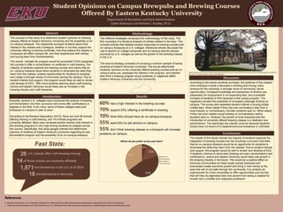 Student Opinions on Campus Brewpubs and Brewing Courses
Offered By Eastern Kentucky University
Department of Recreation and Park Administration
Caitlin Robinson and Michael J. Bradley, Ph.D.
1. Brewers Association. (n.d.). Number of Breweries. Retrieved from https://www.brewersassociation.org/statistics/number-of-breweries/
2. Kentucky Microbreweries and Craft Distilleries. (n.d.). Retrieved from http://www.kentuckytourism.com/dining/bourbon/microbreweries.aspx
References
The purpose of this study is to determine student opinions on brewing
classes offered at Eastern Kentucky University and the possibility of an
on-campus brewpub. The researcher surveyed students about their
interest in the classes and a brewpub, whether or not they support the
university offering a brewing certificate, how they believe the classes or
a brewpub will effect campus life, and their experiences with visiting
and buying beer from microbreweries.
The results indicate the program would be successful if EKU expanded
the courses to offer a concentration or certificate in craft brewing. The
majority of students supports the brewing courses and claims that an
on- campus brewpub would allow students to showcase the skills they
learn from the classes, present opportunities for students to socialize
and create a stronger sense of community among the campus. Due to
student interest and support, the program would likely do well to remain
and develop at EKU. With more students learning about craft brewing,
central and eastern Kentucky would likely see an increase in the
brewing industry and craft breweries.
Abstract
60% had a high interest in the brewing courses
70% support EKU offering a certificate in brewing
70% think EKU should have an on-campus brewpub
55% want EKU to sell alcohol on campus
55% don’t think brewing classes or a brewpub will increase
problems on campus
Introduction
Two different strategies composed the methodology of this study. The
first consisted of a literature analysis of articles related to the topic. This
included articles that detailed student responses to brewing courses and
on-campus brewpubs at U.S. colleges. Additional articles discussed the
role of alcohol on college campuses and on-campus alcohol policies
practiced by U.S. colleges as well as the growth of the brewing industry
in the U.S.
The second strategy consisted of surveying a random sample of twenty
students at Eastern Kentucky University. The survey determined
students’ opinions on the university-offered brewing courses and an on-
campus brew pub, assessed the interest in the program, and whether
they think a brewing program would positively or negatively affect
Eastern Kentucky University and the community.
Methodology
According to the twenty students surveyed, the positives of the classes
and a brewpub include a decrease in drinking and driving, extra
revenue for the university, a stronger since of community, social
opportunities, increased knowledge and awareness of alcohol use,
preparation for employment in an expanding field, and a possible
increase of students to EKU because of the unique program. The
negatives included the possibility of increased underage drinking on
campus. The survey also assessed student interest in buying locally
crafted beer. When asked if they had ever purchased a beer from a
local brewery or microbrewery, fourteen students said no. When asked
if they had ever visited a local brewery or microbrewery, twelve
students said no. However, the growth of local breweries and the
introduction of university offered brewing classes is a relatively new
phenomenon. The seemingly low interest could be because students
simply have not heard of or experienced local breweries or craft beer.
Discussion
The results of this study indicate the majority of students supports the
integration of brewing courses into the university curriculum and feels
that an on-campus brewpub would be an opportunity for students to
showcase the skills they learn from the classes. Due to student interest
and support, the program would do well to remain and develop at EKU.
If students continue to study beer brewing and earn concentrations and
certifications, central and eastern Kentucky would likely see growth in
the brewing industry in the future. This would be a positive effect on
Kentucky communities as these locally owned breweries and
businesses create economic growth and bring in new money to the
area that will re-circulate through the community. It is certainly an
improvement for more universities to offer opportunities such as this
that will help de-stigmatize beer and alcohol from being a catalyst for
trouble into a credible and respected profession.
Conclusions
Results
Recently, several U.S. colleges have introduced the science of brewing
and fermentation into their curriculum and some offer certifications or
degrees in the field. Even more, some of these colleges have built
brewpubs on campus or plan to soon.
According to the Brewers Association (2015), there are now 26 schools
offering training in craft brewing, and 14 of those programs are
university affiliated. Many peer-reviewed articles mention that interest in
the brewing programs is very high among students at colleges across
the country. Specifically, this study gauges interest and determines
opinions of students at Eastern Kentucky University regarding its new
fermentation program and the possibility of an on-campus brewpub.
Where do you prefer to buy your beer?
5%
15%
45%
35% Major Brand
Craft Breweries
No Preference
Do Not Buy Beer
U.S. schools offer craft brewing training
microbreweries in the U.S. as of 2014
microbreweries in Kentucky
of those schools are university affiliated
Eastern Kentucky University introduced brewing courses into its curriculum Fall 2015.T he Keen Johnson building, above, is located in
the center of campus. (Photo credit: Caitlin Robinson)
 
