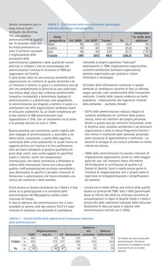 Questo incremento può in
larga misura essere
attribuito alla Direttiva
“Per una pubblica
amministrazione di qualità”
del 19 dicembre 2006 che
ha inteso promuovere su
tutto il territorio nazionale
il miglioramento delle
prestazioni delle
amministrazioni pubbliche e della qualità dei servizi
destinati ai cittadini e che ha raccomandato alle
amministrazioni l'utilizzo di strumenti di TQM per
raggiungere tali finalità.
E' però anche indice di una cresciuta sensibilità delle
organizzazioni nei confronti di queste tematiche e di
un interesse a mettersi in gioco e a confrontarsi con gli
altri che probabilmente la Direttiva ha solo sollecitato.
Una lettura degli stessi dati evidenzia caratteristiche
innovative riconducibili a determinate tipologie di
amministrazione e a determinate zone geografiche.
Le amministrazioni più disposte a mettersi in gioco e a
confrontarsi con altre organizzazioni sembrano essere
le istituzioni scolastiche. Su un totale complessivo per
le due edizioni di 480 amministrazioni esse
rappresentano il 35%. Con un incremento tra la prima
e la seconda edizione di circa il 130%.
Questa presenza così consistente, anche rispetto alle
altre tipologie di amministrazione, è ascrivibile a tre
fattori (oltre, ovviamente, a quello della oggettiva
numerosità delle unità scolastiche): le scuole hanno un
rapporto diretto con l'utenza e le loro performance,
oltre ad essere sottoposte al giudizio qualitativo da
parte degli utenti, sono anche oggetto di specifiche
analisi e ricerche, anche con comparazioni
internazionali, che hanno contribuito a diffondere la
cultura della misurazione; hanno una cultura della
qualità e dell'autovalutazione piuttosto consolidate e
sono destinatarie di specifici e periodici interventi di
formazione e valorizzazione che hanno stimolato una
cultura del confronto e dello scambio.
Esiste ancora un divario consistente tra il Nord e il Sud
anche se la partecipazione e la sensibilità delle
amministrazioni del Mezzogiorno sembra essere
cresciuta nel tempo.
In fase di adesione alle amministrazioni che si sono
candidate al premio nelle due edizioni (4331) è stato
richiesto di compilare una domanda di candidatura
indicando le proprie esperienze “realizzate”
relativamente a: TQM, miglioramento organizzativo,
customer satisfaction, benessere organizzativo,
gestione organizzativa per processi e sistemi
informativi e tecnologici.
Un'analisi delle informazioni contenute in queste
domande di candidatura consente di fare un affondo,
seppur parziale, sulle caratteristiche delle innovazione
realizzate. L'analisi delle risposte evidenzia un livello
qualitativo - relativamente alle esperienze richieste
dalla domanda - piuttosto elevato:
- l'87% delle amministrazioni realizza indagini di
customer satisfaction nei confronti della propria
utenza, meno nei confronti del proprio personale.
Anche in questo caso gli interventi istituzionali, come
le direttive sulla customer satisfaction e sul benessere
organizzativo e come lo stesso Programma Cantieri -
che ritorna in moltissime delle domande presentate
come occasione di apprendimento e confronto - ha
favorito lo sviluppo di una cultura orientata al cliente
interno ed esterno;
- l'86% delle amministrazioni ha avviato interventi di
miglioramento organizzativo anche se, nella maggior
parte dei casi, tali interventi fanno riferimento
all'introduzione di certificazioni di qualità e di
Sistemi di Qualità. Sono in realtà ancora poche le
iniziative di riorganizzazione vere e proprie come le
esperienze di reingegnerizzazione e semplificazione
dei processi;
- ancora non è molto diffusa una cultura della qualità
basata sui principi del TQM. Solo il 58% (percentuale
bassa se riferita alle altre) ha utilizzato strumenti di
autovalutazione in logica di Qualità Totale e il dato è
tenuto alto dalle esperienze realizzate dalle Istituzioni
Scolastiche (il dato più basso si registra nelle
amministrazioni centrali con il 30%).
1) Il totale non tiene conto delle
amministrazioni che hanno
presentato la candidatura sia per
la prima che per la seconda
edizione.
8
Tabella 2 - Distribuzione delle amministrazioni partecipanti
nelle due edizioni per area geografica
Tabella 3 - Caratteristiche delle esperienze di innovazione realizzate
dalle amministrazioni
 