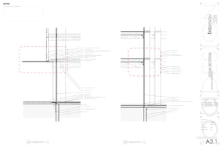baDESIGNbaDESIGN
1000latahstreet
seattlewashington
(360)710-9295
bad@ssdesign.com
DETAILSECTIONS
spokane,washington
no.	revision		 date
01	 client approved	02202015
02	 revised c order	02222015
03	 revised rendering	02262015
04	 client approved	02282015
wall section
date			 02202015
scale			 3/32” = 1’0”
drawing by		 bd
reviewed by	 dg
A3.1
N
1
N
DETAIL SECTION
SCALE 3/32” = 1’0”A3.1
2
N
DETAIL SECTION
SCALE 3/32” = 1’0”A3.1
WOOD FLOORING 1/2”
COMFORT TRACK 3/8”
BASEBOARD
HORIZONTAL CLT PANEL 12”
HORIZONTAL CLT PANEL 12”
VERTICAL WIRE HANGER AND TIE
METAL CONNECTION PLATE 6’X2’
L CONNECTION BRACKET
SUSPENDED CEILING 1/2”
VERTICAL CLT PANEL 6”
BASEBOARD
SLATE FLOORING SYSTEM
COMPOSITE MOISTURE RETARDANT FIBERBOARD AND INSULATION
REINFORCED CONCRETE FOUNDATION
CONCRETE FORM PILE
PILE CONNECTION
EARTH
SUNTREATED WOOD SHADING
OVERHANG WATER RUNOFF CHANNEL
BASEBOARD
HORIZONTAL CLT PANEL 12”
STEEL OVERHANG PLATE CONNECTION
SUSPENDED CEILING 1/2”
INSET MULLION
DRAIN
REINFORCED CONCRETE FOUNDATION
COMPOSITE MOISTURE RETARDANT FIBERBOARD AND INSULATION
SLATE TILE FLOOR
RIGID INSULATION 2”
CONCRETE FORM REINFORCED PILE
EARTH
INSULATED GLASS 2”
VERTICAL CLT PANEL 6”
SUSPENDED CEILING 1/2”
SINGLE LAYER LAMINATED GLASS WALL SYSTEM
STEEL SUSPENSION ROD
DOUBLE LAYER LOW-IRON U-PROFILE GLASS UNIT WITH TRANSLUCENT INSULATION
VERTICAL WIRE HANGER AND TIE
CATWALK ASSEMBLY FOR HORIZONTAL LOAD STABILITY
+ALL FINISH TYPES NUMBER 5
NOTES
 