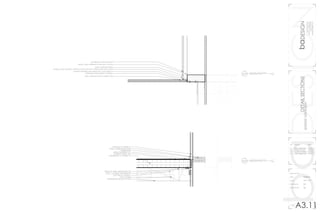 baDESIGNbaDESIGN
1000latahstreet
seattlewashington
(360)710-9295
bad@ssdesign.com
DETAILSECTIONS
spokane,washington
no.	revision		 date
01	 client approved	02202015
02	 revised c order	02222015
03	 revised rendering	02262015
04	 client approved	02282015
detail section
date			 02202015
scale			 1/4” = 1’0”
drawing by		 bd
reviewed by	 dg
A3.11
N
1
N
DETAIL SECTION
SCALE 1/4” = 1’0”A3.11
2
N
DETAIL SECTION
SCALE 1/4” = 1’0”A3.11
SUNTREATED WOOD SHADING
OVERHANG WATER RUNOFF CHANNE
BASEBOARD
HORIZONTAL CLT PANEL 12”
STEEL OVERHANG PLATE CONNECTIO
SUSPENDED CEILING 1/2”
INSET MULLION
DRAIN
REINFORCED CONCRETE FOUNDATIO
COMPOSITE MOISTURE RETARDANT F
SLATE TILE FLOOR
RIGID INSULATION 2”
CONCRETE FORM REINFORCED PILE
EARTH
INSULATED GLASS 2”
VERTICAL CLT PANEL 6”
SUSPENDED CEILING 1/2”
SINGLE LAYER LAMINATED GLASS WA
STEEL SUSPENSION ROD
DOUBLE LAYER LOW-IRON U-PROFILE
VERTICAL WIRE HANGER AND TIE
CATWALK ASSEMBLY FOR HORIZONTA
CATWALK ASSEMBLY FOR HORIZONTAL LOAD STABILITY
DOUBLE LAYER LOW-IRON U-PROFILE GLASS UNIT WITH TRANSLUCENT INSULATION
OVERHANG WATER RUNOFF CHANNEL
STEEL OVERHANG PLATE CONNECTION
SINGLE LAYER LAMINATED GLASS WALL SYSTEM
STEEL SUSPENSION ROD
SUNTREATED WOOD SHADING
WOOD FLOORING 1/2”
COMFORT TRACK 3/8”
BASEBOARD
HORIZONTAL CLT PANEL 12”
HORIZONTAL CLT PANEL 12”
VERTICAL WIRE HANGER AND TIE
METAL CONNECTION PLATE 6’X2’
L CONNECTION BRACKET
SUSPENDED CEILING 1/2”
WOOD FLOORING 1/2”
COMFORT TRACK 3/8”
BASEBOARD
HORIZONTAL CLT PANEL 12”
VERTICAL WIRE HANGER AND TIE
STEEL L CONNECTION BRACKET
VERTICAL CLT PANEL 6”
HVAC SYSTEM
ELECTRICAL CONDUIT
SUSPENDED CEILING SYSTEM
STEEL CONNECTION PLATE
 