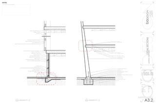 baDESIGNbaDESIGN
1000latahstreet
seattlewashington
(360)710-9295
bad@ssdesign.com
DETAILSECTIONS
spokane,washington
no.	revision		 date
01	 client approved	02202015
02	 revised c order	02222015
03	 revised rendering	02262015
04	 client approved	02282015
wall section
date			 02202015
scale			 3/32” = 1’0”
drawing by		 bd
reviewed by	 dg
A3.2
NN
DETAIL SECTION
SCALE 3/32” = 1’0”
1
A3.2
N
DETAIL SECTION
SCALE 3/32” = 1’0”
2
A3.2
VERTICAL WIRE HANGER AND TIE
SUSPENDED CEILING
LIGHTSHELF
DRAIN
RIGID INSULATION 2”
COMPOSITE MOISTURE RETARDANT FIBERBOARD AND INSULATION
SLATE TILE FLOOR
CONCRETE FOUNDATION
EARTH
VERTICALLY REINFORCED GROUTED CMU
ALUMINUM BRACKET AND ANCHOR
PRESSED ALUMINUM BASED FLASHING
EXTRUDED ALUMINUM BASE CLAMP ANODIZED
TERRACOTTA TILE
EXTRUDED ALUMINUM T PROFILE
RIGID INSULATION 2”
SUNTREATED WOOD SHADING ELEMENT
EXTERIOR LIGHTING FIXTURE
CATWALK ASSEMBLY FOR HORIZONTAL LOAD STABILITY
DOUBLE LAYER LOW-IRON U-PROFILE GLASS UNIT WITH TRANSLUCENT INSULATION
SINGLE LAYER LAMINATED GLASS WALL SYSTEM
STEEL SUSPENSION ROD
HORIZONTAL CLT PANEL 12”
RIGID INSULATION
AIR SPACE
PEG CONNECTION SYSTEM
BAMBOO FLOORING
SUBFLOORING
STEEL REINFORCING #14
REINFORCED CONCRETE FOOTING
COMPOSITE MOISTURE RETARDANT FIBERBOARD AND INSULATION
SLATE TILE FLOOR
CONCRETE FOUNDATION
EARTH
RIGID INSULATION 2”
STEEL FRINFORCED BRACKET
REINFORCED CONCRETE PATH FOUNDATION
DRAIN CHANNEL
HORIZONTAL CLT PANEL 12”
EXTERIOR SLATE TILING
SUSPENDED CEILING
HEAVY TIMBER MEMBER
VERTICAL WIRE HANGER AND TIE
RIGID INSULATION 2”
STEEL INTERNALLY SET REINFORCING #14
SOLAR LIGHT
+ALL FINISH TYPES NUMBER 5
NOTES
 