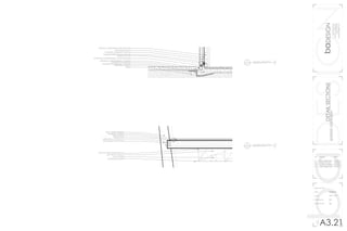 baDESIGNbaDESIGN
1000latahstreet
seattlewashington
(360)710-9295
bad@ssdesign.com
DETAILSECTIONS
spokane,washington
no.	revision		 date
01	 client approved	02202015
02	 revised c order	02222015
03	 revised rendering	02262015
04	 client approved	02282015
detail section
date			 02202015
scale			 1/4” = 1’0”
drawing by		 bd
reviewed by	 dg
A3.21
N
N
DETAIL SECTION
SCALE 1/4” = 1’0”
1
A3.21
N
DETAIL SECTION
SCALE 1/4” = 1’0”
2
A3.21
DRAIN
RIGID INSULATION 2”
COMPOSITE MOISTURE RET
SLATE TILE FLOOR
CONCRETE FOUNDATION
EARTH
VERTICALLY REINFORCED G
ALUMINUM BRACKET AND A
PRESSED ALUMINUM BASED
EXTRUDED ALUMINUM BAS
TERRACOTTA TILE
EXTRUDED ALUMINUM T PR
RIGID INSULATION 2”
HORIZONTAL CLT PANEL 12”
DRAIN
RIGID INSULATION 2”
CONCRETE FOUNDATION
VERTICALLY REINFORCED GROUTED CMU
ALUMINUM BRACKET AND ANCHOR
PRESSED ALUMINUM BASED FLASHING
EXTRUDED ALUMINUM BASE CLAMP ANODIZED
TERRACOTTA TILE
EXTRUDED ALUMINUM T PROFILE
RIGID INSULATION 2”
CONCRETE FOUNDATION + FOOTING
PEG CONNECTION SYSTEM
BAMBOO FLOORING
SUBFLOORING
STEEL FRINFORCED BRACKET
REINFORCED CONCRETE PATH FOUNDATION
DRAIN CHANNEL
HORIZONTAL CLT PANEL 12”
EXTERIOR SLATE TILING
SUSPENDED CEILING
HEAVY TIMBER MEMBER
VERTICAL WIRE HANGER AND TIE
STEEL INTERNALLY SET REINFORCING #14
SOLAR LIGHT
PEG CONNECTION SYSTEM
BAMBOO FLOORING
SUBFLOORING
HORIZONTAL CLT PANEL 12”
SUSPENDED CEILING
HEAVY TIMBER MEMBER
VERTICAL WIRE HANGER AND TIE
SOLAR LIGHT
ELECTRICAL CONDUIT
HVAC SYSTEM
 