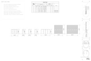 baDESIGNbaDESIGN
1000latahstreet
seattlewashington
(360)710-9295
bad@ssdesign.com
WALL+DOORSCHEDULE
spokane,washington
no.	revision		 date
01	 client approved	02202015
02	 revised c order	02222015
03	 revised rendering	02262015
04	 client approved	02282015
schedule
date			 02202015
scale			 NA = 1’0”
drawing by		 bd
reviewed by	 dg
A6
DOOR TYPES
WALL
TYPES
1
2
3
4
NOTESULJAMBSILLHEAD
DETAIL
FRAME
MATLTHKHTWIDTH
SIZE (NOM)
QUANITY
19
8
4
5
1
2
144” 96” 2.5” stl/glz
36” 96” 2.5” stl/glz
196” 96” 3.5” glz/stl
180” 192” 6” gl/stl
240” 192” 6” gl/stl
hydrolic open
hydrolic open
DT#
wall + door index
		WALL TYPE ONE - REINFORCED CMU STONE VENEER 2 HOUR RATING
		
		 WALL TYPE TWO - DOUBLE GLASS FACADE SYSTEM
		 WALL TYPE THREE - STORE FRONT GLASS MULLION SYSTEM
		 WALL TYPE FOUR - CLT PANEL 6’X12’X6”
		 WALL TYPE FIVE - INTERIOR STANDARD STEEL STUD
		 DOOR TYPE ONE - STEEL FRAME WITH STEEL DOOR 2 HOUR RATING
		 DOOR TYPE TWO - STEEL FRAME WITH TEMPERED GLASS 1 HOUR RATING
		 DOOR TYPE THREE - STEEL FRAME SLIDING GLASS WALL SYSTEM
		 DOOR TYPE FOUR - GLUELAM / CLT GARAGE STYLE HYDRAULIC DOOR SYSTEM
		
12'-4"
8'-2"
3'-4"
8'-2"
3'-4"
8'-2"
3'-4"
8'-2"
16'-8"
8'-2"
15'-0"
16'-0"
20'-0"
16'-0"
 