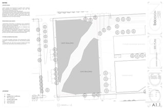 baDESIGNbaDESIGN
1000latahstreet
seattlewashington
(360)710-9295
bad@ssdesign.com
SITEPLAN
spokane,washington
no.	revision		 date
01	 client approved	02202015
02	 revised c order	02222015
03	 revised rendering	02262015
04	 client approved	02282015
site plan
date			 02202015
scale			 1/32” = 1’0”
drawing by		 bd
reviewed by	 dg
A1.1
EAST MAIN STREET
EAST SPOKANE FALLS BOULEVARD
NORTHPINESTREET
WEST BUILDING
EAST BUILDING
FUTURE ACADEMIC BUILDING
RECYCLE / TRASH
FIRE LANE / ACCESS
30’
15’
20’20’20’
15’15’15’
20’
20’
15’20’20’20’
25’
40’
8’
10’
12’
10’
8’
8’
10’
JENSEN BYRD
LANDSCAPING
+ROAD VERGES AND BIOSWALES PLANTED WITH VARIOUS
RAIN GARDENS TO HARNESS RAINFALL AND USE FOR
VEGETATION SPRINKLER SYSTEMS
+NO EXISTING VEGITATION WILL BE REMOVED
+SUGAR AND RED MAPLE TREES TO BE ADDED ALONG NORTH
SITE ENTRANCE AND NEW ACADEMIC BUILDING, SOUTH SITE
ENTRANCE AND ACCESS STREET, AND SOUTH-WEST SITE
ENTRANCE FOR WINTER WIND MITIGATION AND ENHANCED
SUMMER AND SOUTH FACADE SHADING
PEDESTRIAN WALKWAYS
+PEDESTRIAN WALKWAYS TO MAINTAIN LIGHT CONCRETE,
SMOOTH FINISH WITH APPROPRIATE FIRE SEPERATION OF 2
HOURS FORM BUILDING INTERIORS
+PEDESTRIAN WALKWAYS FALL WITHIN 3FT MINIMUM AND
30FT MAXIMUM WIDTH AND RISE 4IN
+RUPTURE PEDESTRIAN WALKWAY AND ACCESS STREET TO
BE COMPOSED OF PERMEABLE CONCRETE / BRICK OPEN
POROUS DIAMOND-CROSS CELLS TO REDUCE STORMWATER
RUNOFF AND RECHARGE GROUNDWATER RESERVOIRS
N
LEGEND
		trees
		pedestrian walkway
		1ft contours
		 street light pole
		transformer
		fire hydrant
NOTES
FUTURE ACADEMIC BUILDING
+A FUTURE ACADEMIC BUILDING FOR WASHINGTON STATE
UNIVERSITY IS PROPOSED NORTH OF THE EXISTING JENSEN
BYRD
+THE BUILDING WILL BE FOUR 20,000SF STORIES WITH SITE
CONTEXTUAL INFLUENCES ON EXTERIOR AESTHETICS
A1
N
SITE PLAN
SCALE 1/32” = 1’0”
 