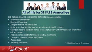 MD GLOBAL HEALTH - CONCIERGE BENEFITS Doctors available
• 24/7/365 for members*
• Discount Pharmacy
• All ages treated, no restrictions.
• Easily accessible, mobile, and secure electronic health records.
• Members receive call back from a licensed physician within three hours after initial
call and triage.
• Pediatricians available for minors needing treatment.
• Carington Discount Dental and Vision
• Access Labs
• Pathway Genomics * $35 additional cost for Dr assistance
All of this for $119.95 Annual fee
 