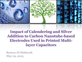 Impact of Calendering and Silver
Addition to Carbon Nanotube-based
Electrodes Used in Printed Multi-
layer Capacitors
Ramea Al-Mubarak
May 19, 2015
1
 