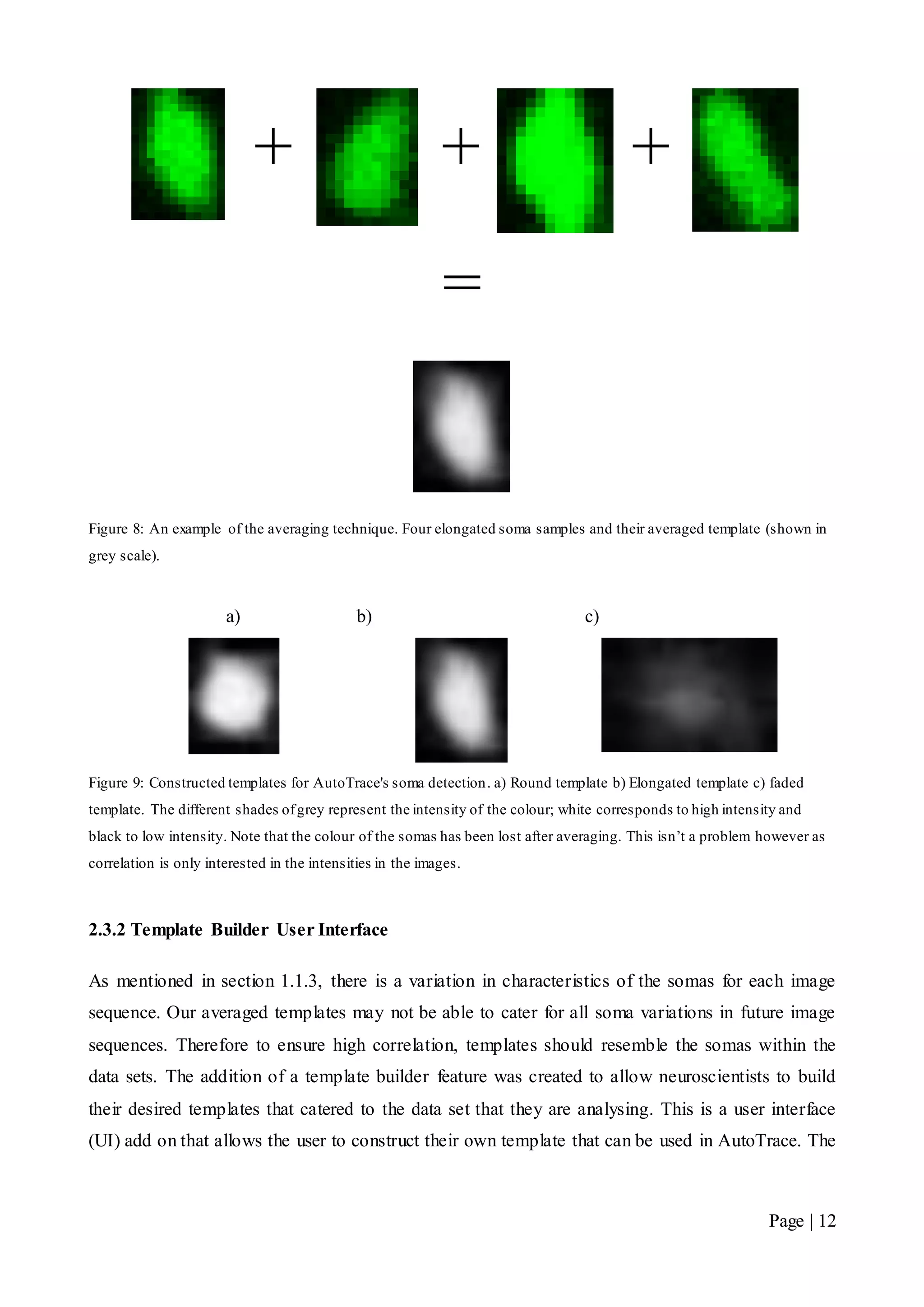 Page | 12
+ + +
=
Figure 8: An example of the averaging technique. Four elongated soma samples and their averaged template (shown in
grey scale).
a) b) c)
Figure 9: Constructed templates for AutoTrace's soma detection. a) Round template b) Elongated template c) faded
template. The different shades ofgrey represent the intensity of the colour; white corresponds to high intensity and
black to low intensity. Note that the colour of the somas has been lost after averaging. This isn’t a problem however as
correlation is only interested in the intensities in the images.
2.3.2 Template Builder User Interface
As mentioned in section 1.1.3, there is a variation in characteristics of the somas for each image
sequence. Our averaged templates may not be able to cater for all soma variations in future image
sequences. Therefore to ensure high correlation, templates should resemble the somas within the
data sets. The addition of a template builder feature was created to allow neuroscientists to build
their desired templates that catered to the data set that they are analysing. This is a user interface
(UI) add on that allows the user to construct their own template that can be used in AutoTrace. The
 