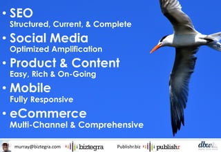 murray@biztegra.com Publishr.biz
• SEO
Structured, Current, & Complete
• Social Media
Optimized Amplification
• Product & Content
Easy, Rich & On-Going
• Mobile
Fully Responsive
• eCommerce
Multi-Channel & Comprehensive
 
