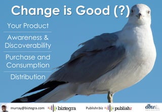 murray@biztegra.com Publishr.biz
Change is Good (?)
Your Product
Awareness &
Discoverability
Purchase and
Consumption
Distribution
 