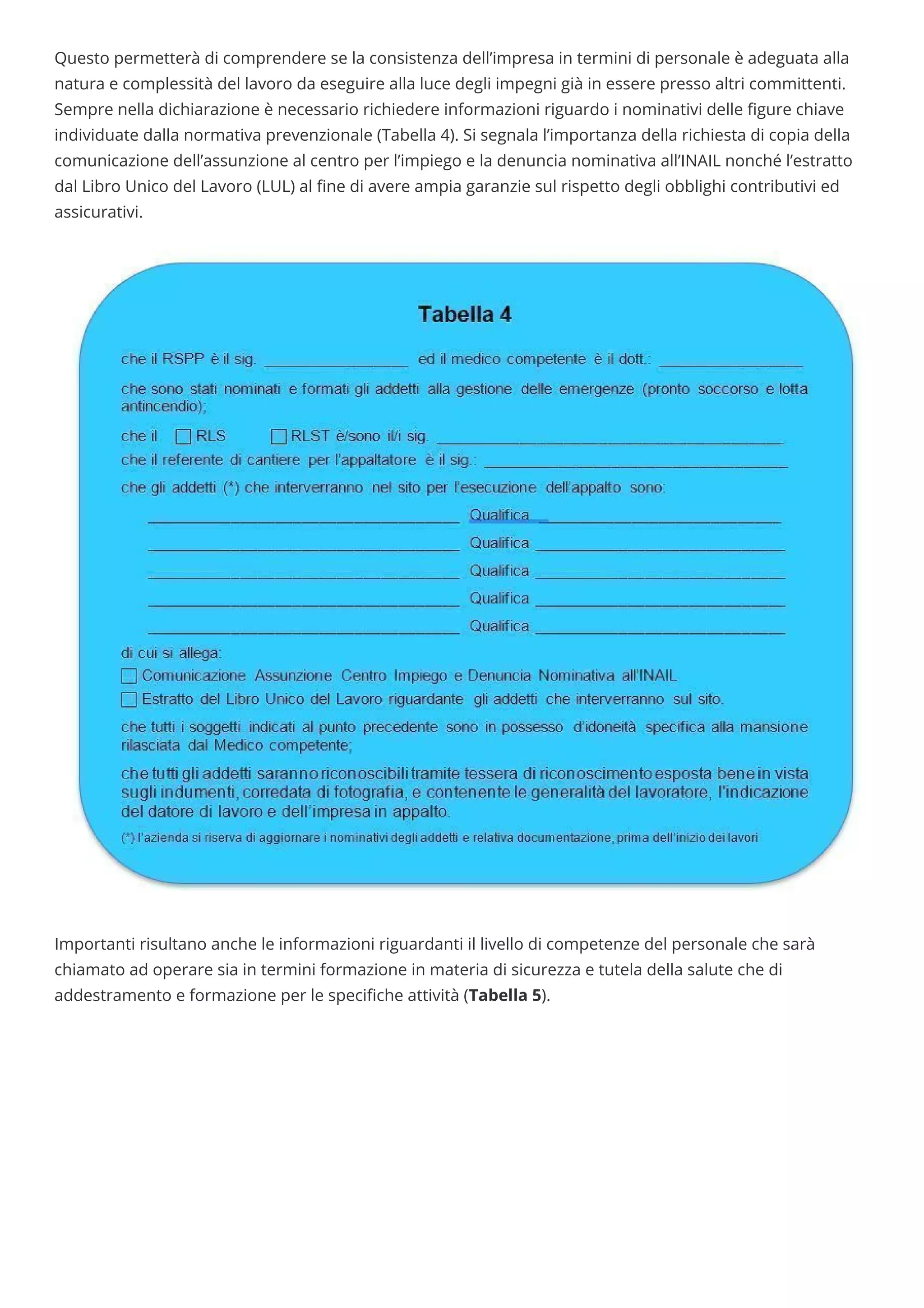 Questo permetterà di comprendere se la consistenza dell’impresa in termini di personale è adeguata alla
natura e complessità del lavoro da eseguire alla luce degli impegni già in essere presso altri committenti.
Sempre nella dichiarazione è necessario richiedere informazioni riguardo i nominativi delle gure chiave
individuate dalla normativa prevenzionale (Tabella 4). Si segnala l’importanza della richiesta di copia della
comunicazione dell’assunzione al centro per l’impiego e la denuncia nominativa all’INAIL nonché l’estratto
dal Libro Unico del Lavoro (LUL) al ne di avere ampia garanzie sul rispetto degli obblighi contributivi ed
assicurativi.
 
 
Importanti risultano anche le informazioni riguardanti il livello di competenze del personale che sarà
chiamato ad operare sia in termini formazione in materia di sicurezza e tutela della salute che di
addestramento e formazione per le speci che attività (Tabella 5).
 
 