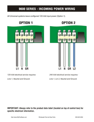 9600 SERIES - INCOMING POWER WIRING

All Universal systems leave configured 120-Volt input power (Option 1).


                OPTION 1                                                 OPTION 2




           L1 N GR                                                     L1 N GR L2

120-Volt electrical service requires:                     240-Volt electrical service requires:

Line 1, Neutral and Ground.                               Line 1, Lin 2, Neutral and Ground.




IMPORTANT: Always refer to the product data label (located on top of control box) for
specific electrical information.

    http://www.MyPoolSpas.com           Wholesale Pool and Spa Parts                       920-925-3094
 