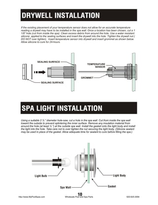 DRYWELL INSTALLATION
  If the existing placement of your temperature sensor does not allow for an accurate temperature
  reading a drywell may have to be installed in the spa wall. Once a location has been chosen, cut a 1
  1/8” hole (cut from inside the spa). Clean excess debris from around the hole. Use a water resistant
  silicone applied to the sealing surfaces and insert the drywell into the hole. Tighten the drywell nut (
  DO NOT over tighten). Insert temperature sensor into drywell and insert grommet as shown below.
  Allow silicone to cure for 24-hours.




                 SEALING SURFACE
                                                                TEMPERATURE
                                                                     SENSOR



                                                         GROMMET

                     SEALING SURFACE




  SPA LIGHT INSTALLATION
  Using a suitable 2 ½ “ diameter hole-saw, cut a hole in the spa wall. Cut from inside the spa wall
  toward the outside to prevent splintering the inner surface. Remove any insulation material from
  around the hole (at least ½ “) at the outside spa wall. Install the gasket onto the light body and install
  the light into the hole. Take care not to over tighten the nut securing the light body. (Silicone sealant
  may be used in place of the gasket. Allow adequate time for sealant to cure before filling the spa.)




               Light Bulb                                                              Light Body



                                      Spa Wall                                    Gasket


http://www.MyPoolSpas.com
                                                      10
                                          Wholesale Pool and Spa Parts                              920-925-3094
 