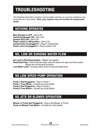 TROUBLESHOOTING
  The following describes situations and possible solutions to common problems may
  encounter as a spa owner. Note: your system may not include all components
  listed.


    NOTHING OPERATES
  Main Breaker is OFF - Set to On.
  Sub-Panel Breaker Off - Set to On.
  System GFCI Off - Set to On.
  Power switch in Off position - Set to On.
  Components not plugged in - Plug in components.
  Power cord not plugged in - Plug in power cord.



    NO, LOW OR SURGING WATER FLOW
  Air Lock in Plumbing System - “Bleed” the system.
  Restricted Flow - Insure that the water shut-off valves are open and that suction
               fittings are not blocked by debris.
  Low Water Level - Increase water level to recommended level.



    NO LOW SPEED PUMP OPERATION
  Pump 1 Not Plugged-In - Plug in Pump 1.
  Pump 1 Fuse Blown - Contact you local dealer.
  Pump 2 Not Plugged-In - Plug in Pump 2.
  Pump 2 Fuse Blown - Contact you local dealer.



    NO JETS OR BLOWER OPERATION
  Blower or Pump Not Plugged-In - Plug in the Blower or Pump.
  Pump or Blower Fuse Blown - Contact you local dealer.




http://www.MyPoolSpas.com
                                              12
                                  Wholesale Pool and Spa Parts                 920-925-3094
 
