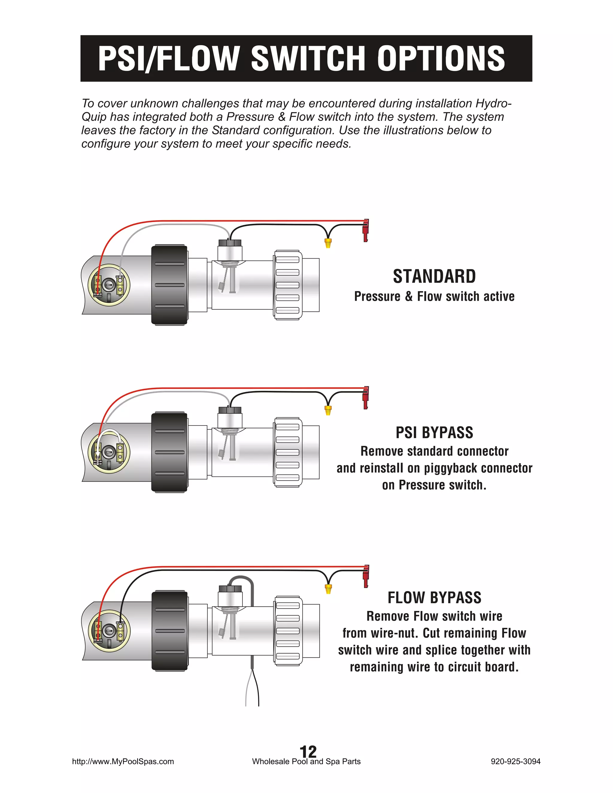 PSI/FLOW SWITCH OPTIONS
  To cover unknown challenges that may be encountered during installation Hydro-
  Quip has integrated both a Pressure & Flow switch into the system. The system
  leaves the factory in the Standard configuration. Use the illustrations below to
  configure your system to meet your specific needs.




                                                                 STANDARD
                                                           Pressure & Flow switch active




                                                                  PSI BYPASS
                                                          Remove standard connector
                                                      and reinstall on piggyback connector
                                                              on Pressure switch.




                                                                FLOW BYPASS
                                                             Remove Flow switch wire
                                                        from wire-nut. Cut remaining Flow
                                                       switch wire and splice together with
                                                          remaining wire to circuit board.




http://www.MyPoolSpas.com
                                             12
                                 Wholesale Pool and Spa Parts                      920-925-3094
 