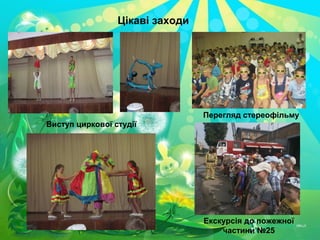 Цікаві заходи
Виступ циркової студії
Перегляд стереофільму
Екскурсія до пожежної
частини №25
 