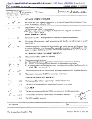 BP-s . 1:11-cv-20120-PAS CDC CERTIFICATION C
  Case073 CHECKLIST FOR Document 85-2 Entered on FLSD Docket 12/20/2011 Page 4 of 89
    494                                     DFRM
MAR 94
L .S . PEPARTMENT OF X STZCE
1 .                                                                          FEDEM L BUREAU OF PRISON S


 N m o Imt
  a e f na e                *          (
                                       '
                                       A     ' oh,
                                                (y
                                                 &a                     Rg se N
                                                                         e i t r o.      (
                                                                                         o         -<n
 Facility    Dismas Charities
  YES         NA
                            ADVA NCE NOTICE OF CH AR GE
                            Thei t wa gi na va ewrte noieoft c r e s a ans hi nols t n2 ho s
                               nmae s ve d nc itn tc he ha g t) g i t m e s ha 4 ur
                            be or t a r ncebef e t CDC.
                              f e he ppea a  or he

               ()
               2            ltea we t ()i t ':
                            f h ns r o 1 st '
                                          No
                            ( Th i t wave t 24-o noie o
                            $. e nmae i d he h ur tc , r
                                b MTher exit a yaldr on why t 24-
                                       e ss      i eaj      he hournotcewasnotgi n.Ther son i :
                                                                     i         ve      ea    s
                                    S ee r 4 c / exr '
                                           .lc ' '
                                           a      k t
                                                   c
                                STAFF REPRESENTATION
                                The i at r
                                    nm e equesed a sa fr pr ent tveand t tsaf l pr nt i appe ed.
                                              t     tf e es a i        ha t f - ese atve
                                                                               e            ar
                                The inmat di notr
                                         e d     eques a sa f r pr e ai and, t re waved t rght t a s a f
                                                     t tf e es nt tve        he by, i   he i o t f
                                r pr c t tve.
                                 e es n ai
                                Thei at r
                                    nm e eques e al es nt i who r us orwasunabl t appear andt i at chos
                                              t d ' e atve
                                                   epr          ef ed           eo       , he nm e     e
                                t c i t hea ng i t a e e oft r
                                 o ontnue he ri n he bs nc     he equesed r pr e atve afe bei a s oft
                                                                       t e es nt i tr ng dvied he
                                o to t po t net he rngi ode t o ti a t rr p e e ttveo e =4<cn>cw .
                                 p in o spo he a i n r r o b an nohe e r s nai .p . .l.k r/
                                WITNESSES AND DOCI AR NTARY EO
                                                  J                  EN CE
                                The i at wai t rghtt c lwines es.
                                    nm e ved he i o al t s
                                The i
                                    nmat r ques e wine es
                                        e e t d t ss .
   ---. --
    ,--.,-
     .. .'
     .                          ( ) Therquetdwine s sa pe r da sae nt a es
                                a       e se t se p ae nd ttme s r ummaie i t r c r
                                                                                rz d n he e o d.
    ,-,--'
    k,.'--
    .
   - -
   ---                          ( ) Re s nsf rnotc li r q e tdwine s saed ume e i t r c r
                                b     ao o       alng e u se t se r oc ntd n he e od.
                                ( )W rte sae nt o una ia l wine s swe es bmitd, o i r d,ndi l di t
                                c itn ttme s f valb e t se r u te c nsdee a ncude n he
                                    r c r x r qfGCFNM-XN
                                     e o d. o - l C.I / '
                                                      k I
                     ()
                     8          Thei es it w'i' n doc e aton whih wasconsde ed a i i ude i t r d.
                                   nmat ubm ted rte
                                                 t   um nt i   c         i r nd s ncl d n he ecor

                                The i a e' sa e e t t CD C i s mm a i i t r d.
                                    nm t s t t m nt o he    s ul rzed n he ecor
                                FINDINGS Ae SPECIFIC EW DENCE

                     (0
                     1)         The fndi oft CDC ar s
                                     i ngs he      e uppore by a s tntalf ua bass
                                                          td     ubsa i act l i.

                     (1
                     1)         The s t evi ncer i on i ade el document i t r ord.
                                    peciic de   eled s quat y         ed n he ec

                                SA NCTION
                                                                                                             A
                     (2
                     1)         Th s ncinr c nuand dbyt cDC i pr po to t t t o fns c nmitd.
                                  e a to e o ae e he        s o rinae o he fe e o a te
               -(3
                 1)             T erao frh sntnaeaeutldcmetditeeod
                                 h esn o teaci r dq a y ou ne nh rcr.
                                              o      e                                        p
                                                                                              .          (
                                                                                                         z
                                                                                                         ,

               - -   ( 4)
                      1         TheDHO ha a e sncins
                                         s dd d a to .                                             .yg.(
                                                                                                    - -/
                                                                                                   $




 ( sfr ma ber p iae vi W P)
 Thi o m y e lc td a                                                             Re a s8P- o M AR 91
                                                                                  pl ce  494 f
 