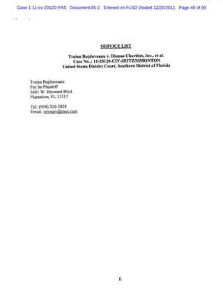 Case 1:11-cv-20120-PAS Document 85-2 Entered on FLSD Docket 12/20/2011 Page 48 of 89




                                     SERW CE LIST

                      Tr in Bu du e nuv. s sCh rte , nc, ta .
                        aa j v a        Dima a iis I . e l
                        Cas N o.:II-
                            e . ZOIZO- V- TZ/ M ONTO N
                                        CI SEI SI
                    Unied St esDit c Courq Sout rn Dit i tofFl da
                      t    at    srit         he    src      ori


     Trin Buduve nu
      aa j a
     Pr SePl ntf
       o     ai if
     5601 W . owa d Bl
             Br r vd.
     Pl ato FL 3331
       ant i n,      7

      Te : 9 4 31 - 28
        l ( 5 ) 6 38
      Emal o ina @ ms c m
          i: ro v n.o




                                             6
 