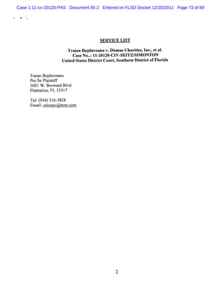 Case 1:11-cv-20120-PAS Document 85-2 Entered on FLSD Docket 12/20/2011 Page 73 of 89

 4-




                                     SERW CE LIST

                       Tr anBuj anuv. s Charte ,l -etal
                         ai   duve   Dimas  iis nc, .
                        Cas No.:II-
                            e . ZOIZO- V- TZ/ M ONTON
                                         CI SEI SI
                    Unied St e Dit i tCour ,Sout n Dit i tofFl da
                      t     at s s r c    t    her s r c     ori


      Tr a Buduvea
       ain j      nu
      Pr Se Pli tf
        o     a n if
      5601 W .Br ar Bl
                ow d vd.
      Pl nt i FL 3331
        a aton,      7

      Te: 95 )31 - 8 8
        l( 4 63 2
      Emalo in v ms .o
         i: ro a @ nc m




                                            2
 