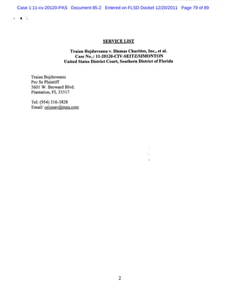 Case 1:11-cv-20120-PAS Document 85-2 Entered on FLSD Docket 12/20/2011 Page 79 of 89

 1




                                     SERVI LI
                                          CE ST

                       Tr anBuj anuv. s a Charte ,I -e al
                         ai   duve   Dim s    iis nc, t .
                        Cas No.:II- ZO- V- TZ/ M O NTON
                           e . ZOI CI SEI SI
                    Unie St t sDit itCourq Sout rn Dit c ofFl da
                      t d a e s rc            he    s rit   ori


      Tr inBud ve nu
       aa j u a
      Pr Se Pl i i f
        o     a nt f
      5601W .Br r Bl
                 owa d vd.
      Pl aton,FL 33317
        ant i

      Tel ( 31 3828
        : 954) 6-
      Emalo in v@ ms c m
         i: ro a   n.o
 