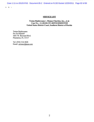 Case 1:11-cv-20120-PAS Document 85-2 Entered on FLSD Docket 12/20/2011 Page 82 of 89




                                     SER W CE LIST

                         Tr anBuj anuv. s Charte ,I ,e aI
                           ai   duve   Dimas  iis nc. t .
                        C as No.:II-
                            e   . ZOIZO- V - T Z/ M O N TO N
                                        CI SEI SI
                    Unie St e Dit i tCour ,Sout rn Dit c o Fl i
                      t d at s s r c     t     he   s rit f orda


      Tr in Bu d v a u
        aa j u e n
      Pr Se Pl i if
        o     a ntf
      5601 W . owa d Bl
              Br r vd.
      Pl nt ton, 3331
        a a i FL      7

      Te :( 31 38
        l 954) 6- 28
      Emalo in v ms c m
          i: ro a @ n.o




                                           2
 
