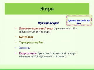 Функції жирів:
• Джерело ендогенної води (при окисненні 100 г
вивільнюється 107 мл води)
• Будівельна
• Терморегуляційна
• Захисна
• Енергетична (При розпаді та окисленні 1 г жиру
звільняється 39,1 кДж енергії – 164 ккал. )
Добова потреба 70-
80 г
Жири
 