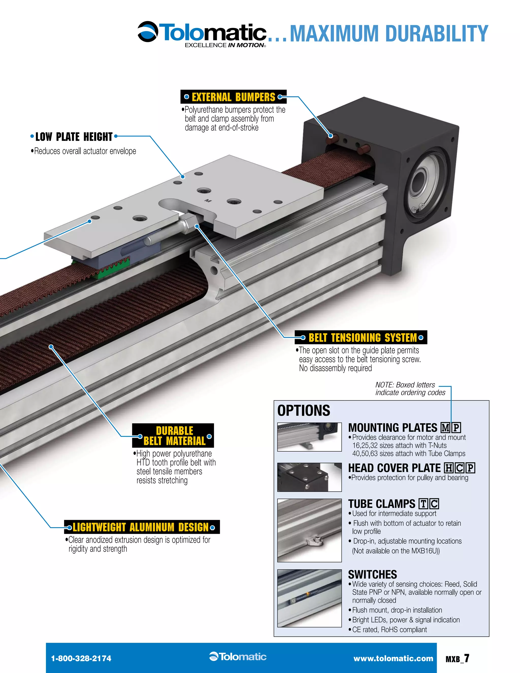 … MAXIMUM DURABILITY 
belt tensioning system 
•The open slot on the guide plate permits 
easy access to the belt tensioning screw. 
No disassembly required 
External bumpers 
•Polyurethane bumpers protect the 
belt and clamp assembly from 
damage at end-of-stroke 
Options 
NOTE: Boxed letters 
indicate ordering codes 
Mounting plates MP 
• Provides clearance for motor and mount 
16,25,32 sizes attach with T-Nuts 
40,50,63 sizes attach with Tube Clamps 
Head cover plate hcp 
•Provides protection for pulley and bearing 
Tube clamps tc 
• Used for intermediate support 
• Flush with bottom of actuator to retain 
low profile 
• Drop-in, adjustable mounting locations 
(Not available on the MXB16U)) 
Switches 
• Wide variety of sensing choices: Reed, Solid 
State PNP or NPN, available normally open or 
normally closed 
• Flush mount, drop-in installation 
• Bright LEDs, power & signal indication 
• CE rated, RoHS compliant 
Low plate height 
• Reduces overall actuator envelope 
Durable 
belt material 
•High power polyurethane 
HTD tooth profile belt with 
steel tensile members 
resists stretching 
Lightweight aluminum design 
•Clear anodized extrusion design is optimized for 
rigidity and strength 
1-800-328-2174 www.tolomatic.com MXB_7 
 