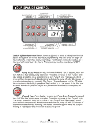 YOUR SPASIDE CONTROL
                                       PUMP 2 ICON
                BLOWER/LIST KEY     HEATER ON ICON                   AIR BLOWER ICON
                    PUMP 2 KEY         PUMP 1 ICON                   PROGRAM MODE ICON
                    PUMP 1 KEY     LIGHT/ENTER KEY                   LIGHT ON ICON




                     PROGRAM KEY              LCD WINDOWS             AUXILIARY 2 KEY
                 ECONOMY/NORMAL              FILTERING ICON           AUXILIARY 3 KEY
                        MODE KEY      TEMPERATURE SET ICON
                 UP/DOWN ARROWS         ECONOMY MODE ICON




http://www.MyPoolSpas.com
                                                     6
                                      Wholesale Pool and Spa Parts                       920-925-3094
 