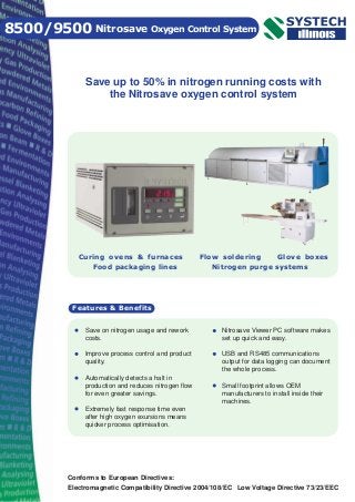 Nitrosave Oxygen Control System
Features & Benefits
8500/9500
Save up to 50% in nitrogen running costs with
the Nitrosave oxygen control system
Save on nitrogen usage and rework
costs.
Improve process control and product
quality.
Automatically detects a halt in
production and reduces nitrogen flow
for even greater savings.
Extremely fast response time even
after high oxygen exursions means
quicker process optimisation.
Nitrosave Viewer PC software makes
set up quick and easy.
USB and RS485 communications
output for data logging can document
the whole process.
Small footprint allows OEM
manufacturers to install inside their
machines.
Conforms to European Directives:
Electromagnetic Compatibility Directive 2004/108/EC Low Voltage Directive 73/23/EEC
Curing ovens & furnaces Flow soldering Glove boxes
Food packaging lines Nitrogen purge systems
 