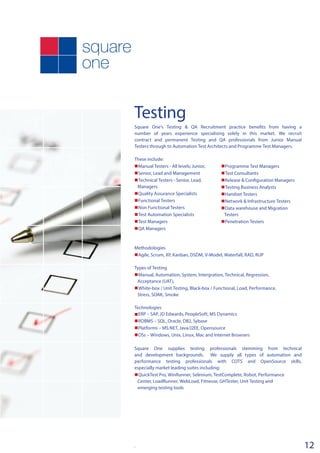 Testing
12
Square One’s Testing & QA Recruitment practice benefits from having a
number of years experience specialising solely in this market. We recruit
contract and permanent Testing and QA professionals from Junior Manual
Testers through to Automation Test Architects and Programme Test Managers.
These include:
nManual Testers - All levels; Junior,
nSenior, Lead and Management
nTechnical Testers - Senior, Lead,
Managers
nQuality Assurance Specialists
nFunctional Testers
nNon Functional Testers
nTest Automation Specialists
nTest Managers
nQA Managers
Methodologies
nAgile, Scrum, XP, Kanban, DSDM, V-Model, Waterfall, RAD, RUP
Types of Testing
nManual, Automation, System, Intergration, Technical, Regression,
Acceptance (UAT),
nWhite-box / Unit Testing, Black-box / Functional, Load, Performance,
Stress, SOAK, Smoke
Technologies
nERP – SAP, JD Edwards, PeopleSoft, MS Dynamics
nRDBMS – SQL, Oracle, DB2, Sybase
nPlatforms – MS.NET, Java/J2EE, Opensource
nOSs – Windows, Unix, Linux, Mac and Internet Browsers
Square One supplies testing professionals stemming from technical
and development backgrounds. We supply all types of automation and
performance testing professionals with COTS and OpenSource skills,
especially market leading suites including:
nQuickTest Pro, WinRunner, Selenium, TestComplete, Robot, Performance
Center, LoadRunner, WebLoad, Fitnesse, GHTester, Unit Testing and
emerging testing tools
.
nProgramme Test Managers
nTest Consultants
nRelease & Configuration Managers
nTesting Business Analysts
nHandset Testers
nNetwork & Infrastructure Testers
nData warehouse and Migration
Testers
nPenetration Testers
 