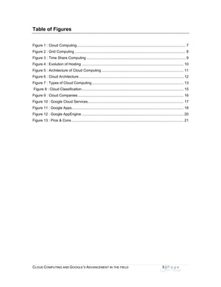 CLOU
 
Tab
Figure
Figure
Figure
Figure
Figure
Figure
Figure
Figur
Figure
Figure
Figure
Figure
Figure
D COMPUTING
le of Figu
e 1 : Cloud Co
e 2 : Grid Com
e 3 : Time Sh
e 4 : Evolution
e 5 : Architect
e 6 : Cloud Ar
e 7 : Types of
re 8 : Cloud C
e 9 : Cloud Co
e 10 : Google
e 11 : Google
e 12 : Google
e 13 : Pros &
AND GOOGLE
ures
omputing......
mputing ........
are Computin
n of Hosting .
ture of Cloud
rchitecture....
f Cloud Comp
Classification.
ompanies.....
e Cloud Servic
e Apps...........
e AppEngine .
Cons ...........
E’S ADVANCEM
.....................
.....................
ng .................
.....................
Computing ..
.....................
puting............
.....................
.....................
ces................
.....................
.....................
.....................
ENT IN THE FIE
......................
......................
......................
......................
......................
......................
......................
......................
......................
......................
......................
......................
......................
ELD
.....................
.....................
.....................
.....................
.....................
.....................
.....................
.....................
.....................
.....................
.....................
.....................
.....................
5
.....................
.....................
.....................
.....................
.....................
.....................
.....................
.....................
.....................
.....................
.....................
.....................
.....................
| P a g e
.....................
.....................
.....................
................... 1
................... 1
................... 1
................... 1
................... 1
................... 1
................... 1
................... 1
................... 2
................... 2
7
8
9
10
11
12
13
15
16
17
18
20
21
 