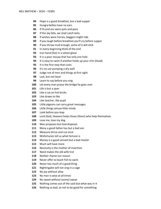 NEIL MATHEW – 3CS4 – Y3305
84 Hope is a good breakfast, but a bad supper
85 Hungry bellies have no ears
86 If ifs and ans were pots and pans
87 If the sky falls, we shall catch larks
88 If wishes were horses, beggars might ride
89 If you laugh before breakfast you'll cry before supper
90 If you throw mud enough, some of it will stick
91 In every beginning think of the end
92 Iron hand (fist) in a velvet glove
93 It is a poor mouse that has only one hole
94 It is easy to swim if another hoids up your chin (head)
95 It is the first step that costs
96 It's no use pumping a dry well
97 Judge not of men and things at first sight
98 Last, but not least
99 Learn to say before you sing
100 Let every man praise the bridge he goes over
101 Life is but a span
102 Like a cat on hot bricks
103 Like draws to like
104 Like teacher, like pupil
105 Little pigeons can carry great messages
106 Little things amuse little minds
107 Look before you leap
108 Lord (God, Heaven) helps those (them) who help themselves
109 Love me, love my dog
110 Man proposes but God disposes
111 Many a good father has but a bad son
112 Measure thrice and cut once
113 Misfortunes tell us what fortune is
114 Money is a good servant but a bad master
115 Much will have more
116 Necessity is the mother of invention
117 Need makes the old wife trot
118 Neither rhyme nor reason
119 Never offer to teach fish to swim
120 Never too much of a good thing
121 Nightingales will not sing in a cage
122 No joy without alloy
123 No man is wise at all times
124 No sweet without (some) sweat
125 Nothing comes out of the sack but what was in it
126 Nothing so bad, as not to be good for something
 
