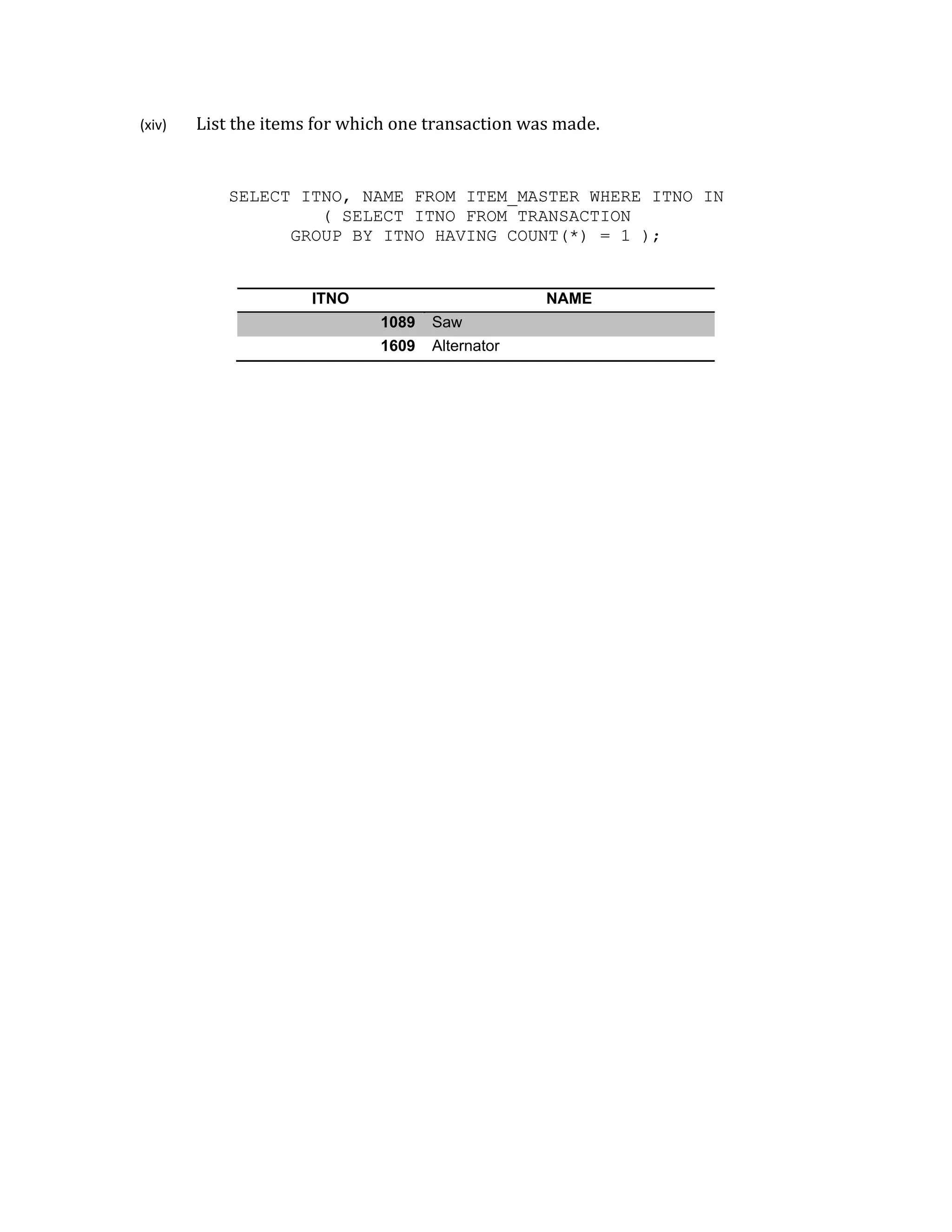 (xiv) List the items for which one transaction was made.
SELECT ITNO, NAME FROM ITEM_MASTER WHERE ITNO IN
( SELECT ITNO FROM TRANSACTION
GROUP BY ITNO HAVING COUNT(*) = 1 );
ITNO NAME
1089 Saw
1609 Alternator
 
