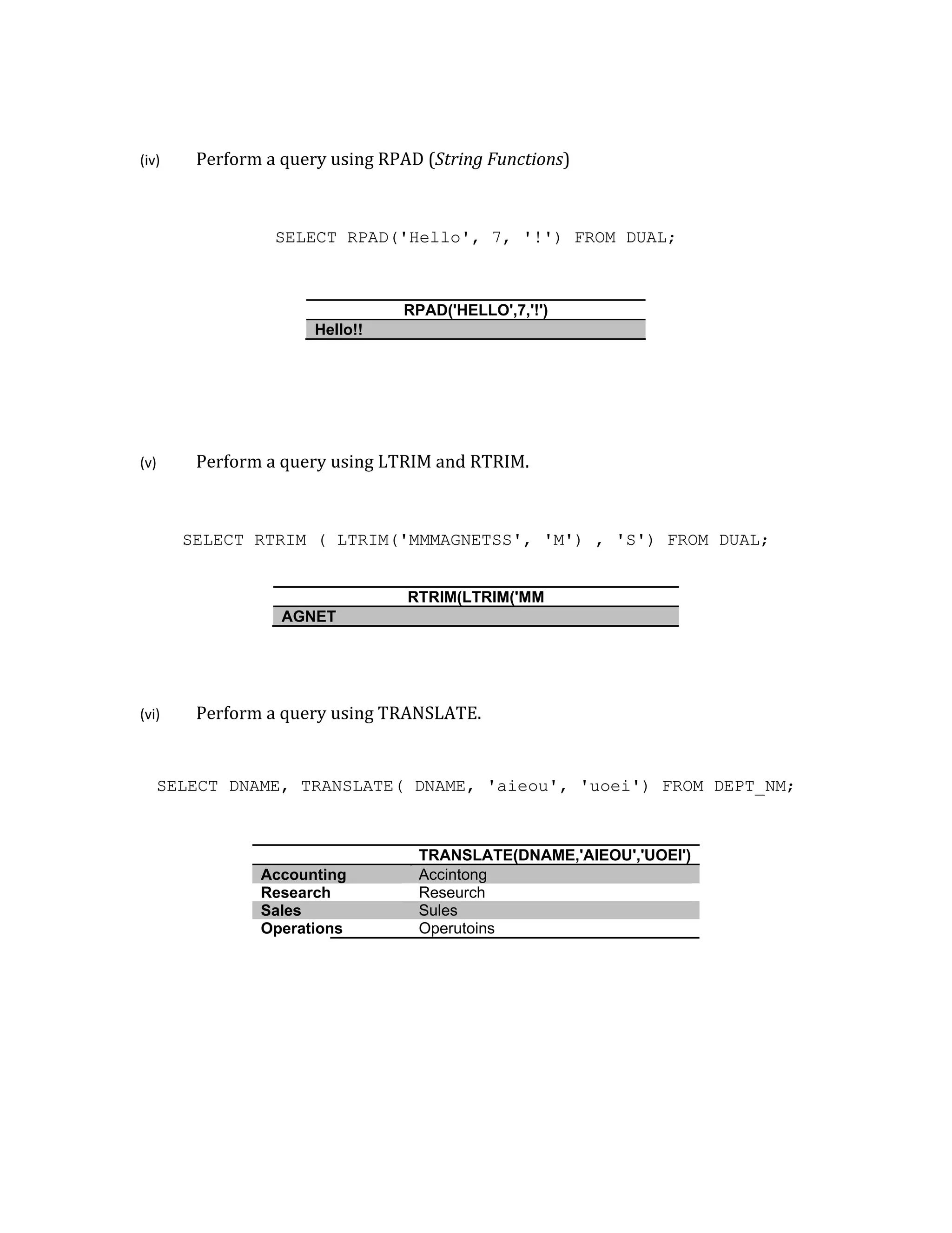 (iv) Perform a query using RPAD (String Functions)
SELECT RPAD('Hello', 7, '!') FROM DUAL;
RPAD('HELLO',7,'!')
Hello!!
(v) Perform a query using LTRIM and RTRIM.
SELECT RTRIM ( LTRIM('MMMAGNETSS', 'M') , 'S') FROM DUAL;
RTRIM(LTRIM('MM
AGNET
(vi) Perform a query using TRANSLATE.
SELECT DNAME, TRANSLATE( DNAME, 'aieou', 'uoei') FROM DEPT_NM;
TRANSLATE(DNAME,'AIEOU','UOEI')
Accounting Accintong
Research Reseurch
Sales Sules
Operations Operutoins
 