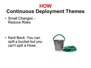 HOW Continuous Deployment Themes Small Changes  –  Reduce Risks Kent Beck: You can spill a bucket but you can't spill a Hose.  