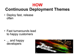 HOW Continuous Deployment Themes Deploy fast, release often Fast turnarounds lead to happy customers ... and happy developers 