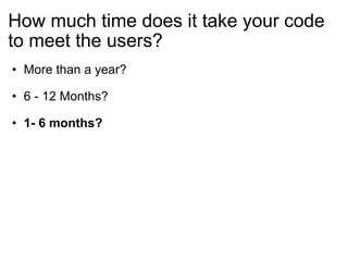 How much time does it take your code to meet the users? More than a year? 6 - 12 Months? 1- 6 months? 