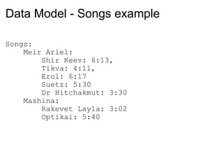 Data Model - Songs example Songs:       Meir Ariel:           Shir Keev: 6:13,           Tikva: 4:11,          Erol: 6:17          Suetz: 5:30          Dr Hitchakmut: 3:30      Mashina:          Rakevet Layla: 3:02          Optikai: 5:40 