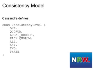 Consistency Model Cassandra defines: enum ConsistencyLevel {      ONE,      QUORUM,      LOCAL_QUORUM,      EACH_QUORUM,      ALL,      ANY,      TWO,      THREE, } 