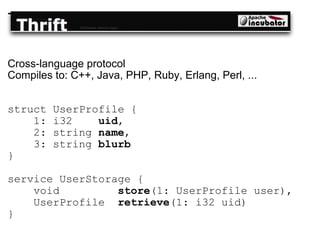 Thrift Cross-language protocol Compiles to: C++, Java, PHP, Ruby, Erlang, Perl, ... struct UserProfile {       1: i32     uid ,       2: string  name ,       3: string  blurb   }  service UserStorage {       void          store (1: UserProfile user),      UserProfile   retrieve (1: i32 uid)  } 