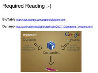 Required Reading ;-) BigTable  http://labs.google.com/papers/bigtable.html Dynamo  http://www.allthingsdistributed.com/2007/10/amazons_dynamo.html 