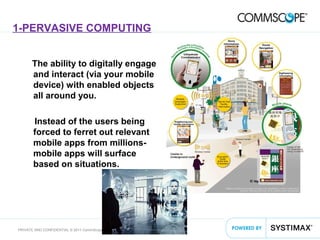 31PRIVATE AND CONFIDENTIAL © 2011 CommScope, Inc
1-PERVASIVE COMPUTING
The ability to digitally engage
and interact (via your mobile
device) with enabled objects
all around you.
Instead of the users being
forced to ferret out relevant
mobile apps from millions-
mobile apps will surface
based on situations.
 