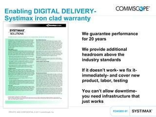 45PRIVATE AND CONFIDENTIAL © 2011 CommScope, Inc
Enabling DIGITAL DELIVERY-
Systimax iron clad warranty
We guarantee performance
for 20 years
We provide additional
headroom above the
industry standards
If it doesn’t work- we fix it-
immediately- and cover new
product, labor, testing
You can’t allow downtime-
you need infrastructure that
just works
 