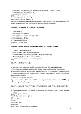 14
4.2 Παράγοντες που επηρεάζουν τη θέση χημικής ισορροπίας – Αρχή Le Chatelier
4.3 Σταθερά χημικής ισορροπίας Kc – Κp
εκτός από τις υποενότητες:
«Σταθερά χημικής ισορροπίας – Κp» ,
«Σχέση που συνδέει την Κp με την Kc» .
Παρατήρηση: Δεν θα διδαχθούν τα παραδείγματα και οι ασκήσεις που απαιτούν γνώση της
έννοιας μερική πίεση αερίου και του Νόμου μερικών πιέσεων του Dalton.
ΚΕΦΑΛΑΙΟ 5. ΟΞΕΑ – ΒΑΣΕΙΣ ΚΑΙ ΙΟΝΤΙΚΗ ΙΣΟΡΡΟΠΙΑ
5.1 Οξέα – Βάσεις
5.2 Ιοντισμός οξέων – βάσεων
5.3 Ιοντισμός οξέων, βάσεων και νερού – pH
5.4 Επίδραση κοινού ιόντος
5.5 Ρυθμιστικά διαλύματα
5.6 Δείκτες – Ογκομέτρηση
ΚΕΦΑΛΑΙΟ 6. ΗΛΕΚΤΡΟΝΙΑΚΗ ΔΟΜΗ ΤΩΝ ΑΤΟΜΩΝ & ΠΕΡΙΟΔΙΚΟΣ ΠΙΝΑΚΑΣ
6.1 Τροχιακό – Κβαντικοί αριθμοί
6.2 Αρχές δόμησης πολυηλεκτρονικών ατόμων
6.3 Δομή περιοδικού πίνακα (τομείς s,p,d,f) – Στοιχεία μετάπτωσης
6.4 Μεταβολή ορισμένων περιοδικών ιδιοτήτων
εκτός από την υποενότητα «Ηλεκτρονιοσυγγένεια»
ΚΕΦΑΛΑΙΟ 7. ΟΡΓΑΝΙΚΗ ΧΗΜΕΙΑ
7.1 Δομή οργανικών ενώσεων – Διπλός και τριπλός δεσμός – Επαγωγικό φαινόμενο
7.3 Κατηγορίες οργανικών αντιδράσεων και μερικοί μηχανισμοί οργανικών αντιδράσεων
εκτός από τα σημεία: «4. Η αλογόνωση των αλκανίων» και «5. Η αρωματική υποκατάσταση»
της υποενότητας «Αντιδράσεις υποκατάστασης» και από την υποενότητα «Μερικοί μηχανισμοί
οργανικών αντιδράσεων»
7.4 Οργανικές συνθέσεις –Διακρίσεις
Στην υποενότητα «Οργανικές συνθέσεις» περιλαμβάνεται στην ύλη ΜΟΝΟ η
«αλογονοφορμική αντίδραση».
ΚΕΦΑΛΑΙΟ 8. ΔΙΑΜΟΡΙΑΚΕΣ ΔΥΝΑΜΕΙΣ - ΚΑΤΑΣΤΑΣΕΙΣ ΤΗΣ ΥΛΗΣ - ΠΡΟΣΘΕΤΙΚΕΣ ΙΔΙΟΤΗΤΕΣ
8.1 Διαμοριακές δυνάμεις - Μεταβολές καταστάσεων και ιδιότητες υγρών - Νόμος μερικών
πιέσεων
εκτός από τις υποενότητες:
Μεταβολές καταστάσεων της ύλης,
Ιδιότητες υγρών,
Ιξώδες,
Επιφανειακή τάση,
Τάση ατμών,
Αέρια – Νόμος μερικών πιέσεων του Dalton.
 