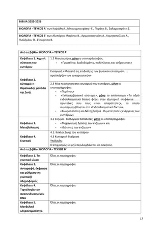 17
ΒΙΒΛΙΑ 2025-2026
ΒΙΟΛΟΓΙΑ - ΤΕΥΧΟΣ Α΄ των Καψάλη Α., Μπουρμπουχάκη Ι-Ε., Περάκη Β., Σαλαμαστράκη Σ.
ΒΙΟΛΟΓΙΑ - ΤΕΥΧΟΣ Β΄ των Αλεπόρου Μαρίνου Β., Αργυροκαστρίτη Α., Κομητοπούλου Α.,
Πιαλόγλου Π., Σγουρίτσα Β.
Από το βιβλίο: ΒΙΟΛΟΓΙΑ – ΤΕΥΧΟΣ Α΄
Κεφάλαιο 1. Χημική
σύσταση του
κυττάρου
1.2 Μακρομόρια, μόνο η υποπαράγραφος:
- «Πρωτεΐνες: Διαδεδομένες, πολύπλοκες και εύθραυστες»
Εισαγωγή «Μια από τις επιδιώξεις των φυσικών επιστημών . . .
προϋπήρξαν των ευκαρυωτικών»
Κεφάλαιο 2.
Κύτταρο: Η
θεμελιώδης μονάδα
της ζωής
2.3 Μια περιήγηση στο εσωτερικό του κυττάρου, μόνο οι
υποπαράγραφοι:
- «Πυρήνας»
- «Ενδομεμβρανικό σύστημα», μόνο το απόσπασμα «Το αδρό
ενδοπλασματικό δίκτυο φέρει στην εξωτερική επιφάνεια . . .
πρωτεΐνες που τους είναι απαραίτητες», το οποίο
συμπεριλαμβάνεται στο «Ενδοπλασματικό δίκτυο».
- «Χλωροπλάστες και Μιτοχόνδρια - Οι μετατροπείς ενέργειας των
κυττάρων»
Κεφάλαιο 3.
Μεταβολισμός
3.2 Ένζυμα - Βιολογικοί Καταλύτες, μόνο οι υποπαράγραφοι:
- «Μηχανισμός δράσης των ενζύμων» και
- «Ιδιότητες των ενζύμων»
Κεφάλαιο 4.
Γενετική
4.1. Κύκλος ζωής του κυττάρου
4.3 Κυτταρική διαίρεση
Υπόδειξη:
Ο επιχιασμός να μην περιλαμβάνεται σε ασκήσεις.
Από το βιβλίο: ΒΙΟΛΟΓΙΑ - ΤΕΥΧΟΣ Β΄
Κεφάλαιο 1. Το
γενετικό υλικό
Όλες οι παράγραφοι
Κεφάλαιο 2.
Αντιγραφή, έκφραση
και ρύθμιση της
γενετικής
πληροφορίας
Όλες οι παράγραφοι
Κεφάλαιο 4.
Τεχνολογία του
ανασυνδυασμένου
DNA
Όλες οι παράγραφοι
Κεφάλαιο 5.
Μενδελική
κληρονομικότητα
Όλες οι παράγραφοι
 
