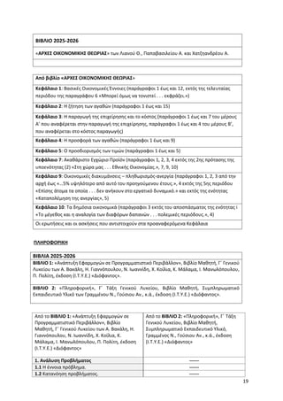 19
ΒΙΒΛΙΟ 2025-2026
«ΑΡΧΕΣ ΟΙΚΟΝΟΜΙΚΗΣ ΘΕΩΡΙΑΣ» των Λιανού Θ., Παπαβασιλείου Α. και Χατζηανδρέου Α.
Από βιβλίο «ΑΡΧΕΣ ΟΙΚΟΝΟΜΙΚΗΣ ΘΕΩΡΙΑΣ»
Κεφάλαιο 1: Βασικές Οικονομικές Έννοιες (παράγραφοι 1 έως και 12, εκτός της τελευταίας
περιόδου της παραγράφου 6 «Μπορεί όμως να τονιστεί . . . εκφράζει.»)
Κεφάλαιο 2: Η ζήτηση των αγαθών (παράγραφοι 1 έως και 15)
Κεφάλαιο 3: Η παραγωγή της επιχείρησης και το κόστος (παράγραφοι 1 έως και 7 του μέρους
Α’ που αναφέρεται στην παραγωγή της επιχείρησης, παράγραφοι 1 έως και 4 του μέρους Β’,
που αναφέρεται στο κόστος παραγωγής)
Κεφάλαιο 4: Η προσφορά των αγαθών (παράγραφοι 1 έως και 9)
Κεφάλαιο 5: Ο προσδιορισμός των τιμών (παράγραφοι 1 έως και 5)
Κεφάλαιο 7: Ακαθάριστο Εγχώριο Προϊόν (παράγραφοι 1, 2, 3, 4 εκτός της 2ης πρότασης της
υποενότητας (2) «Στη χώρα μας . . . Εθνικής Οικονομίας.», 7, 9, 10)
Κεφάλαιο 9: Οικονομικές διακυμάνσεις – πληθωρισμός-ανεργία (παράγραφοι 1, 2, 3 από την
αρχή έως «…5% υψηλότερο από αυτό του προηγούμενου έτους.», 4 εκτός της 5ης περιόδου
«Επίσης άτομα τα οποία . . . δεν ανήκουν στο εργατικό δυναμικό.» και εκτός της ενότητας
«Καταπολέμηση της ανεργίας», 5)
Κεφάλαιο 10: Τα δημόσια οικονομικά (παράγραφοι 3 εκτός του αποσπάσματος της ενότητας i
«Το μέγεθος και η αναλογία των διαφόρων δαπανών . . . πολεμικές περιόδους.», 4)
Οι ερωτήσεις και οι ασκήσεις που αντιστοιχούν στα προαναφερόμενα Κεφάλαια
ΠΛΗΡΟΦΟΡΙΚΗ
ΒΙΒΛΙΑ 2025-2026
ΒΙΒΛΙΟ 1: «Ανάπτυξη Εφαρμογών σε Προγραμματιστικό Περιβάλλον», Βιβλίο Μαθητή, Γ΄ Γενικού
Λυκείου των Α. Βακάλη, Η. Γιαννόπουλου, Ν. Ιωαννίδη, Χ. Κοίλια, Κ. Μάλαμα, Ι. Μανωλόπουλου,
Π. Πολίτη, έκδοση (Ι.Τ.Υ.Ε.) «Διόφαντος».
ΒΙΒΛΙΟ 2: «Πληροφορική», Γ΄ Τάξη Γενικού Λυκείου, Βιβλίο Μαθητή, Συμπληρωματικό
Εκπαιδευτικό Υλικό των Γραμμένου Ν., Γούσιου Αν., κ.ά., έκδοση (Ι.Τ.Υ.Ε.) «Διόφαντος».
Από το ΒΙΒΛΙΟ 1: «Ανάπτυξη Εφαρμογών σε
Προγραμματιστικό Περιβάλλον», Βιβλίο
Μαθητή, Γ΄ Γενικού Λυκείου των Α. Βακάλη, Η.
Γιαννόπουλου, Ν. Ιωαννίδη, Χ. Κοίλια, Κ.
Μάλαμα, Ι. Μανωλόπουλου, Π. Πολίτη, έκδοση
(Ι.Τ.Υ.Ε.) «Διόφαντος»
Από το ΒΙΒΛΙΟ 2: «Πληροφορική», Γ΄ Τάξη
Γενικού Λυκείου, Βιβλίο Μαθητή,
Συμπληρωματικό Εκπαιδευτικό Υλικό,
Γραμμένος Ν., Γούσιου Αν., κ.ά., έκδοση
(Ι.Τ.Υ.Ε.) «Διόφαντος»
1. Ανάλυση Προβλήματος ------
1.1 Η έννοια πρόβλημα. ------
1.2 Κατανόηση προβλήματος. ------
 